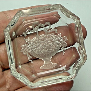 2 Czech Bohemian Glass Intaglio Salt Cellars Art Deco Etched Roses in Basket
